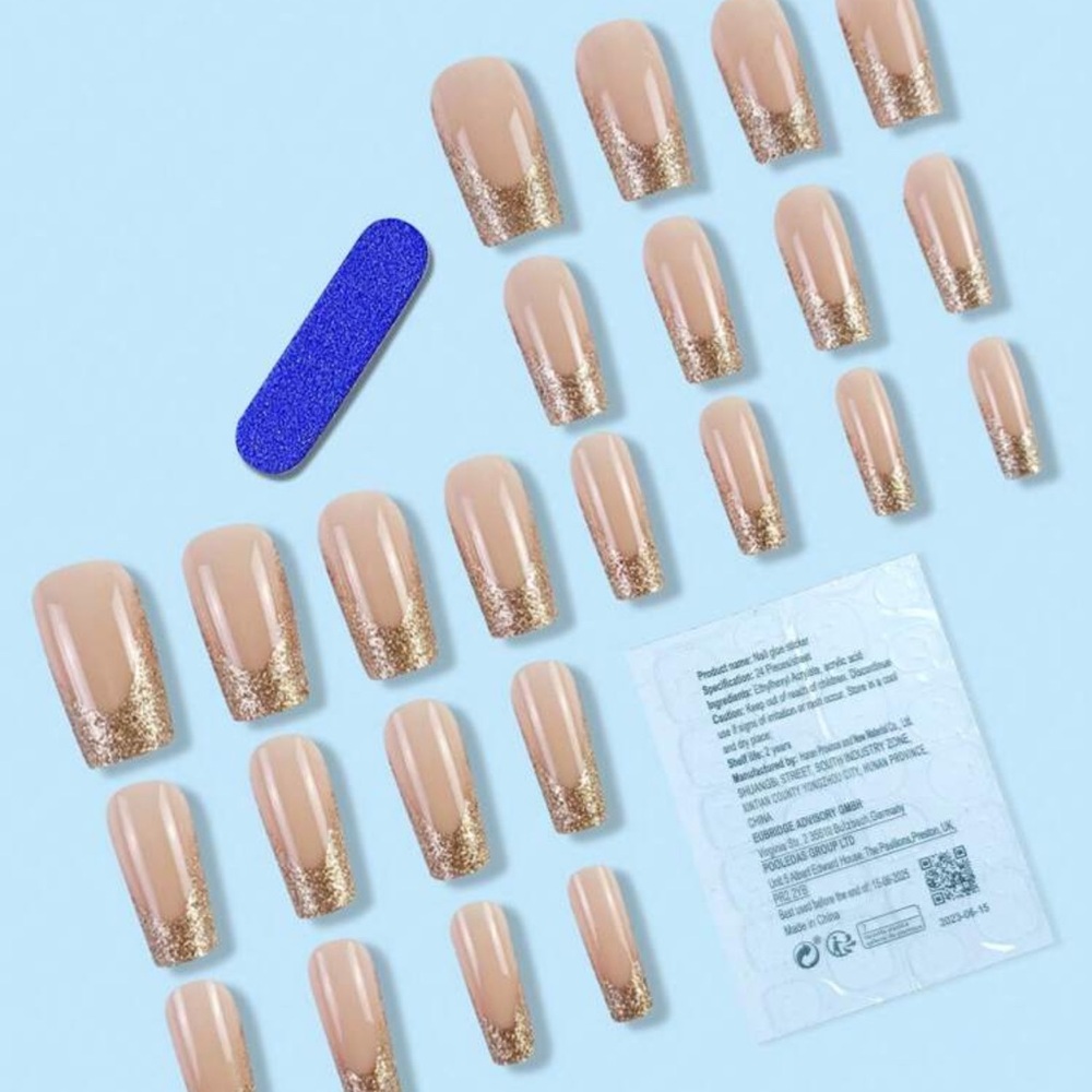24pcs Extra Long Golden Metallic French False Nails, Shiny & Glamorous Nail Art - Picture 2 of 4
